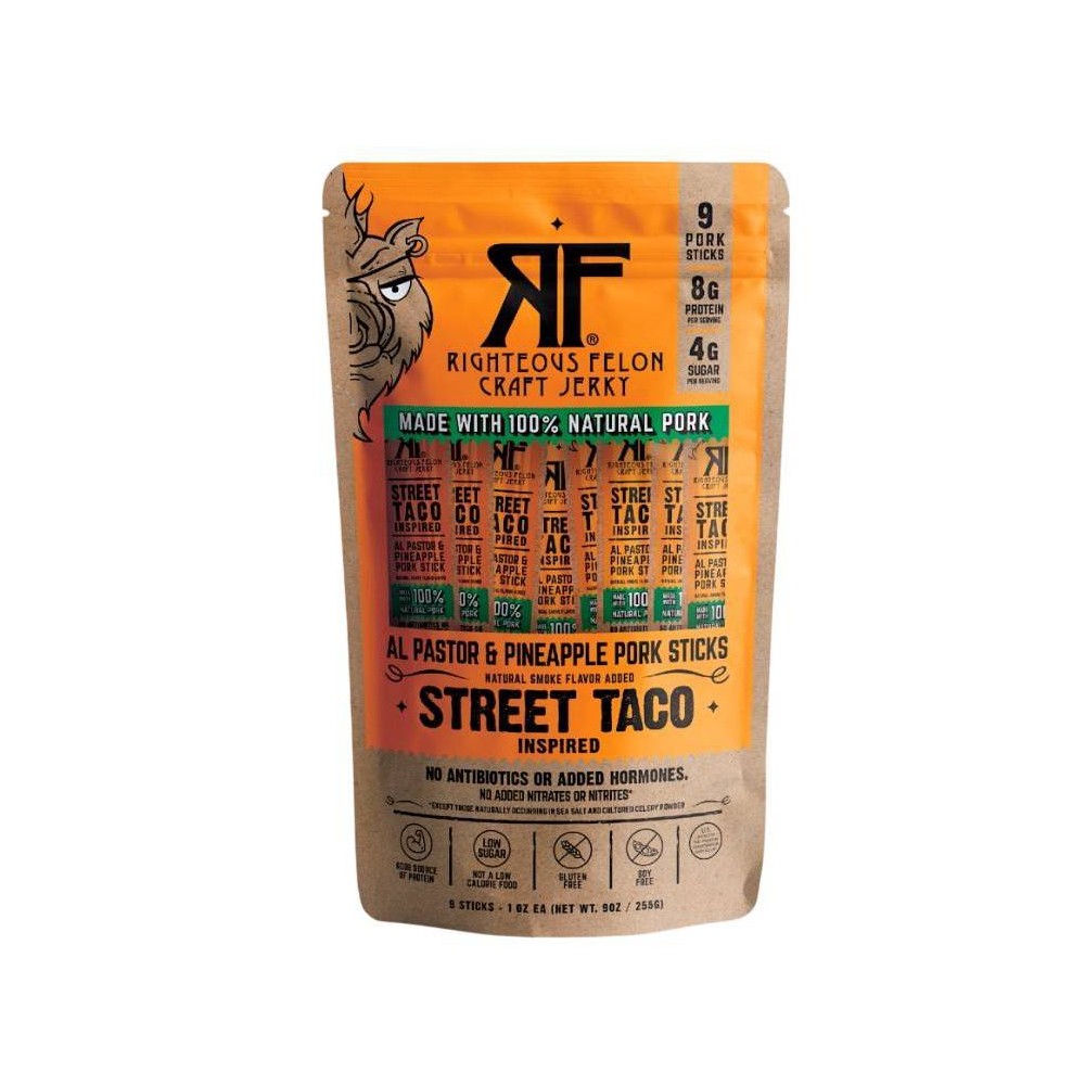 Righteous Felon Craft Jerky Street Taco Protein Snack Pork Meat Stick - 1oz/9ct