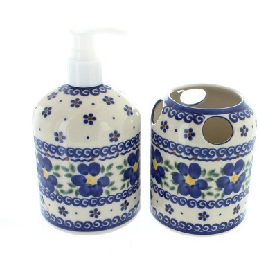 Blue Rose Polish Pottery 374-375 Vena Soap Dispenser & Toothbrush Holder