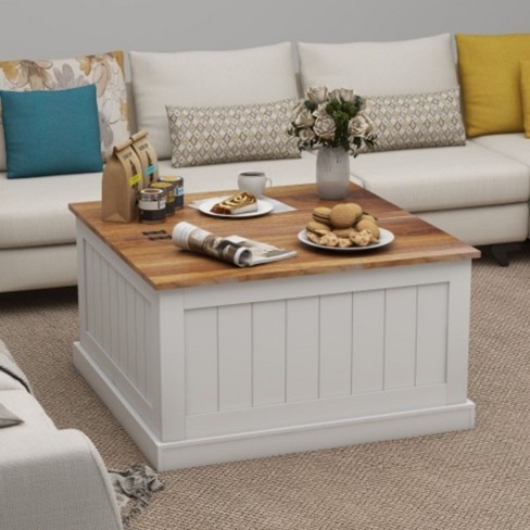 31.5" Farmhouse Coffee Table, Square Wood Center Table, Rustic Cocktail Table with Large Hidden Storage Compartmen for Living Room-White - image 1 of 4