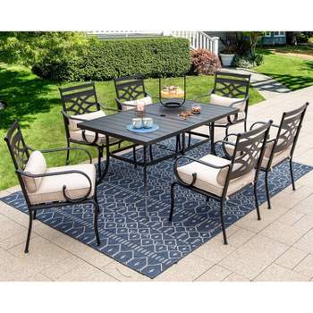 7pc Outdoor Dining Set with Chairs with Cushions & Large Metal Table with Umbrella Hole - Captiva Designs