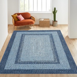 Grey/Blue Washable Runner Rug, Non-Slip Modern Hallway Carpet, Stain Resistant Low Pile Mat for Living Room, Bedroom, Kitchen - 1 of 4