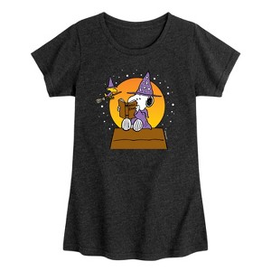 Girls' - Peanuts - Snoopy and Woodstock Halloween Witches Fitted Short Sleeve Graphic T-Shirt - 1 of 4
