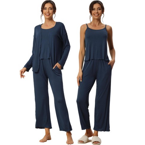 cheibear Womens Modal Knit Soft Long Sleeve Cardigan Cami and Pants Pajama  Set 3 Pcs Blue X-Large