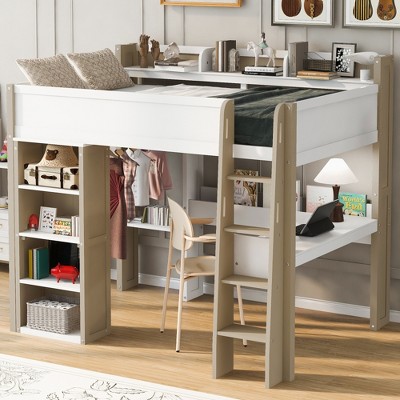 Lycvki Full Size Wood Loft Bed with Built-in Storage Shelves, Clothes Rails and Desk