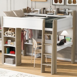 Lycvki Full Size Wood Loft Bed with Built-in Storage Shelves, Clothes Rails and Desk - 1 of 4