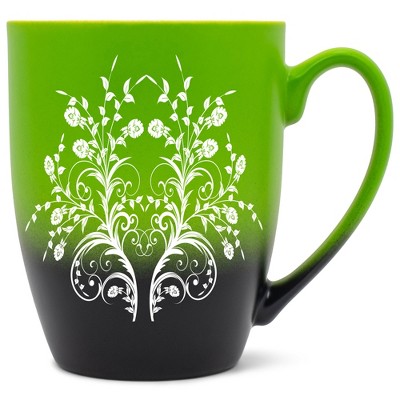 Elanze Designs Damask Floral Mirror Two Toned Ombre Matte Green and Black 12 ounce Ceramic Stoneware Coffee Cup Mug