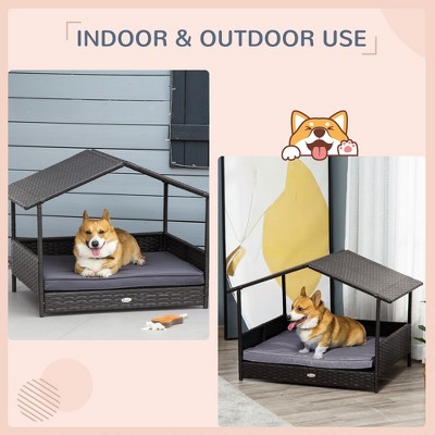Gray Wicker Outdoor Dog House with Canopy and Water-Resistant Cushion