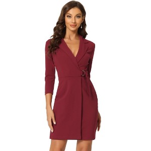 Allegra K Women's 3/4 Sleeve Knit Lapel Collar Belted Work Office Sheath Dress - 1 of 4