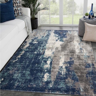 Blue Abstract 5' x 7' Synthetic Non-slip Area Rug