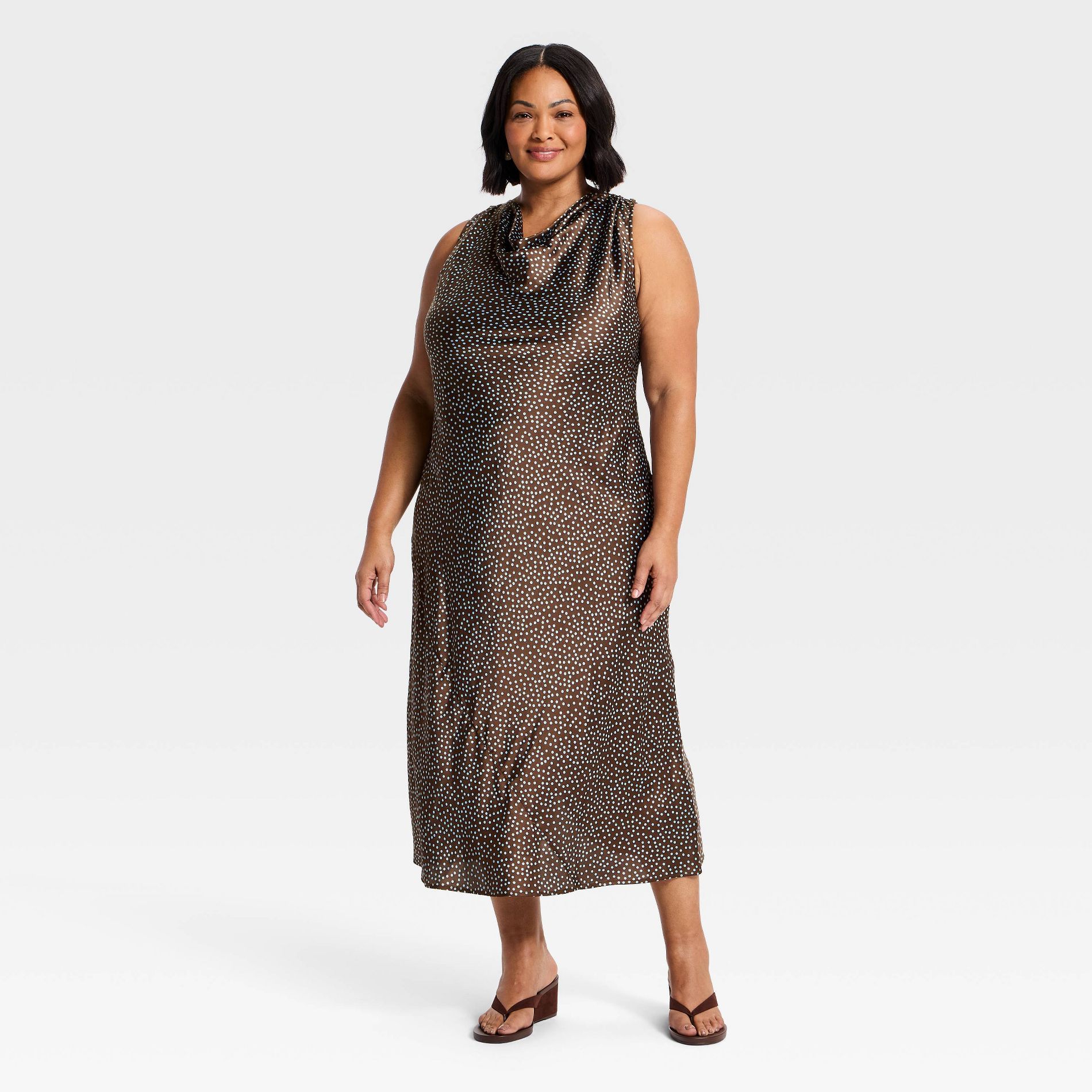 Women's Cowl Neck Slip Midi Dress - A New Day™ Brown Polka Dots