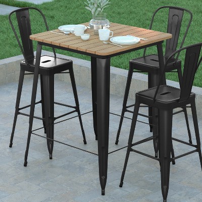 31.5" Square Brown Resin Bar Height Table with Black Steel Base