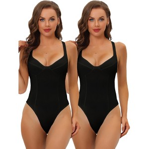 Allegra K Women's Deep V Neck Tummy Control Waist Full Body Shaper Adult Bodysuits 2 Pcs - 1 of 4