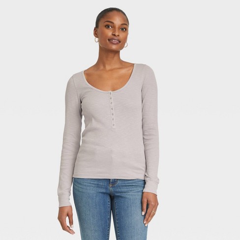 Women's Long Sleeve Henley Neck Rib Knit Shirt - Universal Thread 