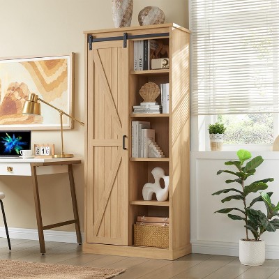 SinCiDo 72″ Tall Farmhouse Bookshelf, 32" Wide Wooden Bookcase with Sliding Barn Door & Adjustable Shelves, Natural Oak