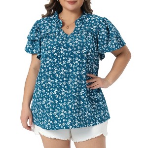 Women's Plus Size Floral Ruffle V Neck Double Short Sleeve Pleated Summer Casual Blouse - Agnes Orinda - 1 of 4