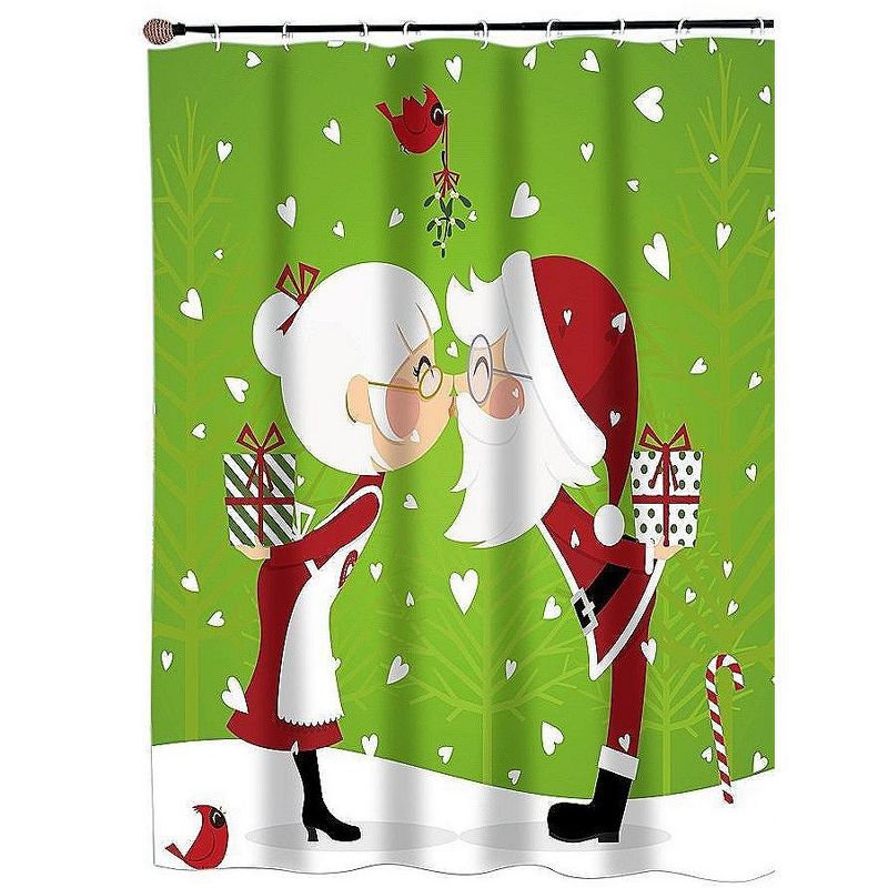 GoodGram Kissing Mr. & Mrs. Santa Green Christmas Fabric Shower Curtain - 72 in. Long, 2 of 3
