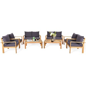 Tangkula 8PCS Cushioned Wooden Conversation Set Patio Outdoor Furniture Set with Cover - 1 of 4