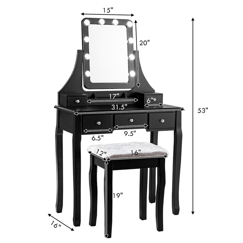 Costway Vanity Dressing Table Set w/ 10 Dimmable Bulbs Touch Switch Cushion Stool White\Black\Brown, 3 of 11