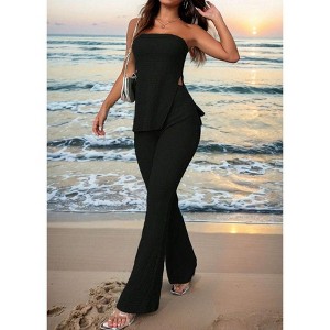Mocamel Women's Solid Bandeau Top And High Slit Maxi Skirt Co-Ord Set - 1 of 4