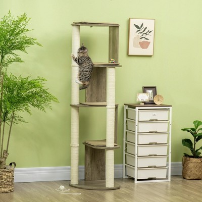 Tall Cream White Sisal and Wood Cat Tree Tower