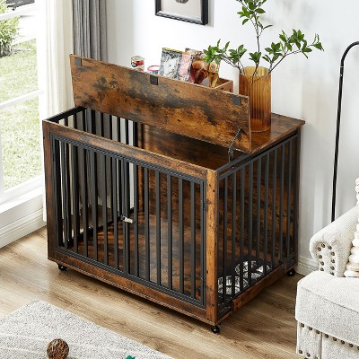 NicBex 43.7Inch Dog Crate Wooden Dog Kennel Furniture with Flip-Up Top End Table Dog Cage with 3 Doors and Wheels,Indoor Use,Brown