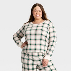 Women's Plaid Ribbed Long Sleeve Holiday Matching Family Pajama Shirt - Wondershop™ Cream - 1 of 4