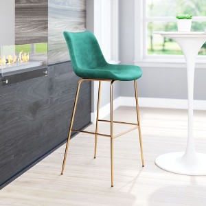 Zuo Modern Tony Barstool – Green Velvet Seat, Gold Electroplated Steel Frame – 43” Height - 1 of 4