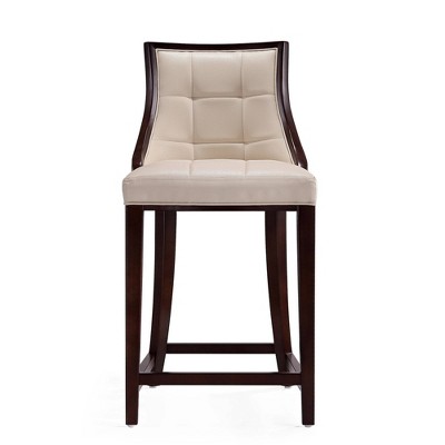 Cream Faux Leather and Dark Walnut Wood Counter Stools, Set of 3