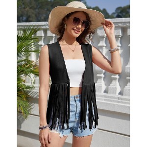 Coolmee Women's Casual Simple Vests Fashion Fringe Cardigans Tassel Sleeveless Open Front Jackets Western Faux Suede Leather Jackets L Black - 1 of 4