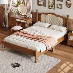 TiramisuBest Farmhouse Wooden Platform Queen Size Bed, Modern Platform Bed with Wooden Strip Stickers Decoration, Plywood Slats Support, Black - 1 of 4