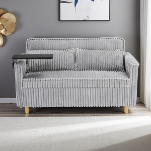 54.13" Pink Corduroy Pull-Out Sofa with Movable Tabletop, USB & 2 Throw Pillows - 1 of 4
