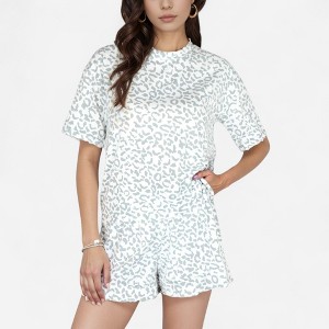 Anna-Kaci Lounge Women's Leopard Print Short Sleeve Pajama Set with Crew Neck Top and Relaxed Fit Lounge Shorts - 1 of 4