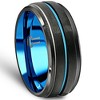 Pompeii3 Men's Black & Blue Tungsten Ring Brushed Beveled Step Cut Wedding Band - 2 of 4