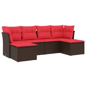 vidaXL 6 Piece Patio Sofa Set with Cushions Brown Poly Rattan - Brown and Red Without Table - 1 of 4
