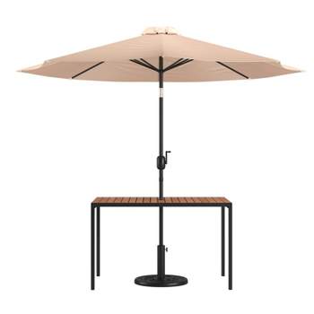 Merrick Lane Outdoor Powder Coated Steel Dining Table with Faux Teak Poly Slat Top, 9' Patio Umbrella and Base