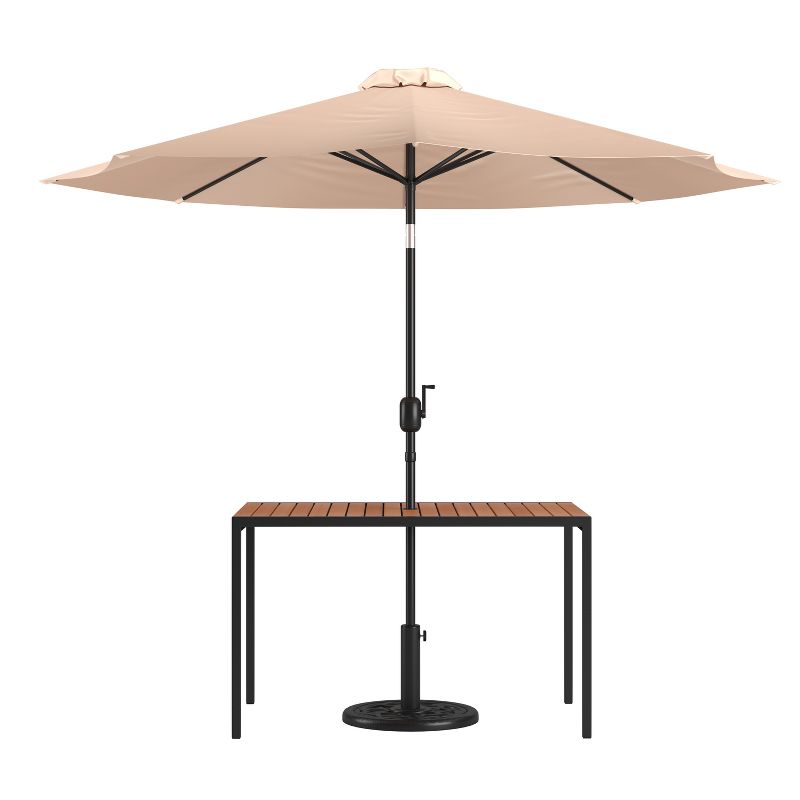 Merrick Lane Outdoor Powder Coated Steel Dining Table with Faux Teak Poly Slat Top, 9' Patio Umbrella and Base, 1 of 18