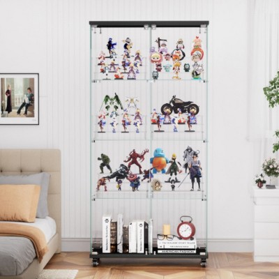Syemin Decorative Storage Cabinets Glass Display Cabinet 4-Shelf, Curio Cabinets, Tempered Glass Floor Standing Bookshelf, Black, 31.5"*14.2"*62.3"
