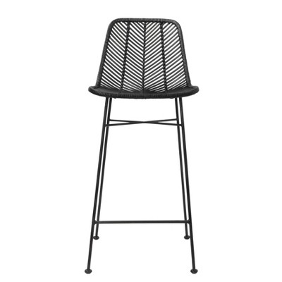 Tropical Chic Black Rattan and Metal High-Back Bar Stool