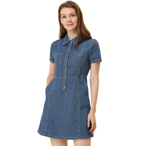 Allegra K Women's Denim Collared Short Sleeve Summer A-line Dress Sky ...