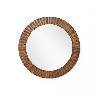 LuxenHome Rustic Oak Wood Textured Round Wall Mirror, 29” Decorative Home Accent Brown