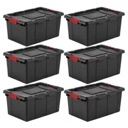 Sterilite 15 Gallon Stackable Industrial Tote with Latches, Tie Down Holes, and Indexed Lids for Heavy-Duty Storage Needs, Black (6 Pack)