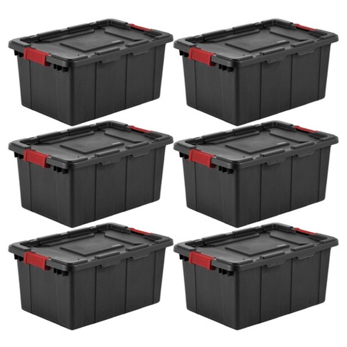 Sterilite 15 Gal Industrial Tote, Stackable Storage Bin with Latching Lid,  Plastic Container with Heavy Duty Latches, Black Base and Lid, 6-Pack