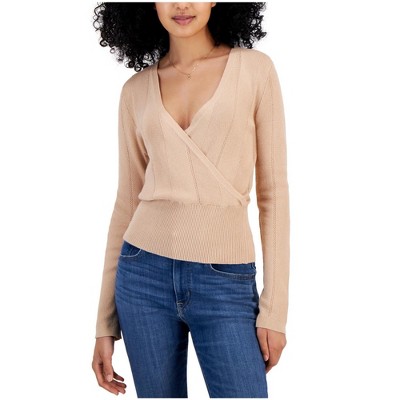 Hippie Rose Womens Surplice Neck Ribbed Hem Pullover Sweater, Beige, Large
