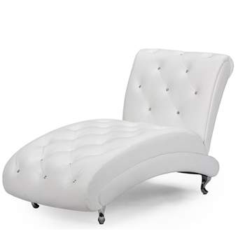 Pease Contemporary Faux Leather Upholstered Crystal Button Tufted Chaise Lounge White - Baxton Studio