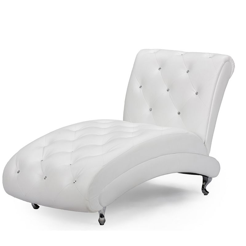 Pease Contemporary Faux Leather Upholstered Crystal Button Tufted Chaise Lounge White - Baxton Studio, 1 of 9