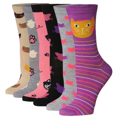 Tipi Toe Women's 6 Pairs Lightweight Colorful Purrfect Paws Mix Patterned Crew Socks