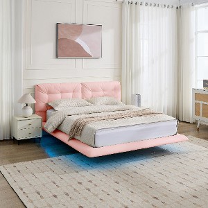 Lyngins Queen Size Upholstered Floating Bed Frame with LED Lights, PU Leather Platform Bed with Button-Tufted Headboard, Durable Wood/Metal Slats, - 1 of 4
