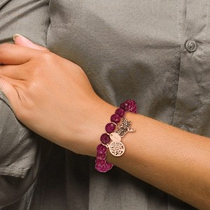 Chisel Stainless Steel Antiqued and Polished Rose IP-plated Dragonfly and Tree of Life 8mm Pink Dyed Jade Beaded Stretch Bracelet - 1 of 4