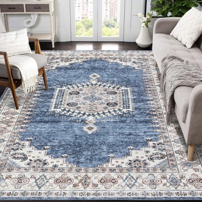 Washable Foldable Oriental Area Rug | Non-Slip Low Pile Vintage Runner for Home, Office, Dining, Bathroom & Bedroom