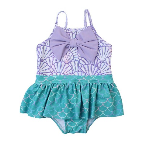 RuffleButts Toddler Girls UPF50+ Big Bow Skirted One Piece - Magical Mermaid, 4T